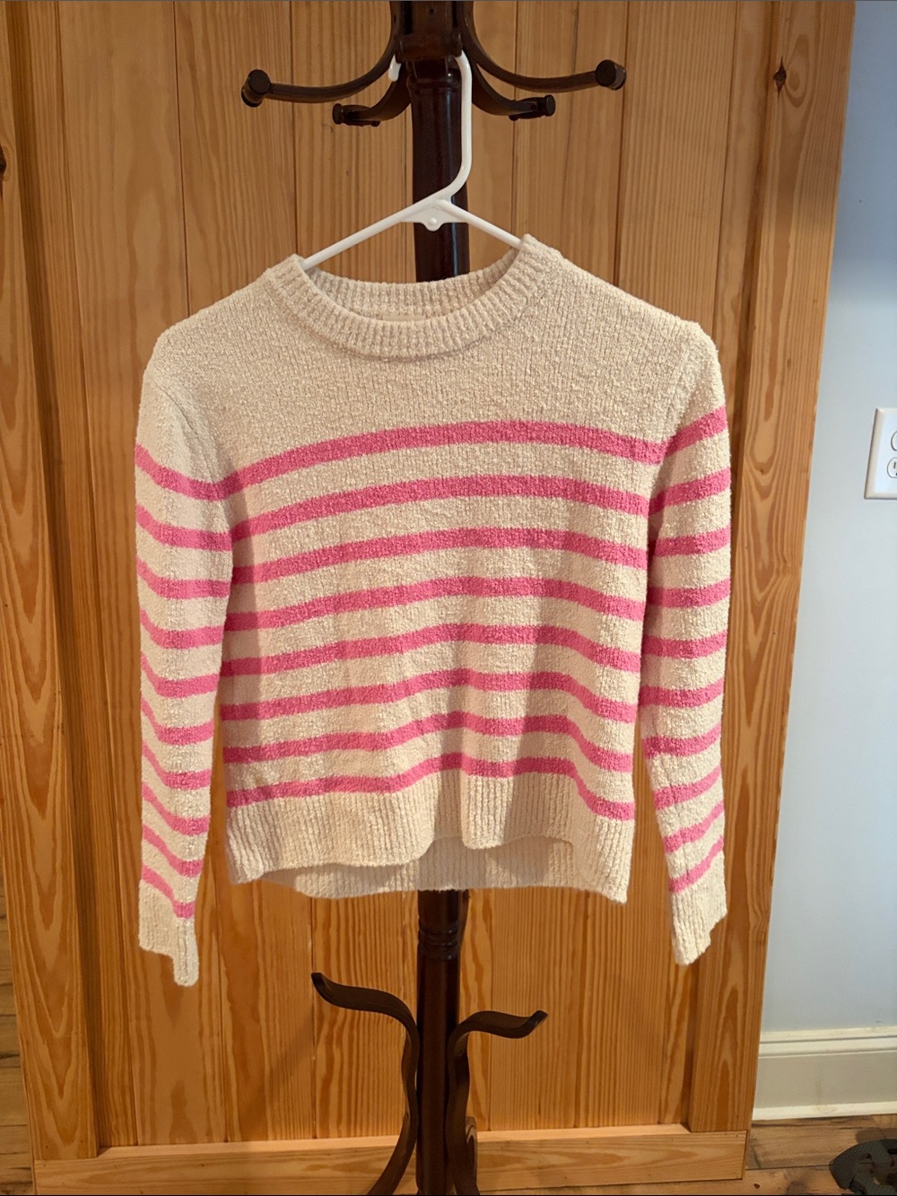 Crewcuts Cream and Pink Striped Girls Crewneck Sweater